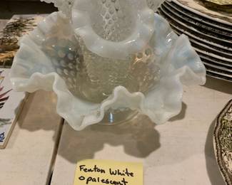 #072	Fenton White Opalescent Hobnail Epergne Flower Vase - 4 pc	 $45.00 			