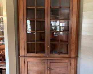 #020	Wood Corner Cabinet w/Bubble Glass Front - Primitive Hand-made w/4 wood shelves and 2 wood Doors - 59Wx30Dx8'tall	 $1,200.00 			