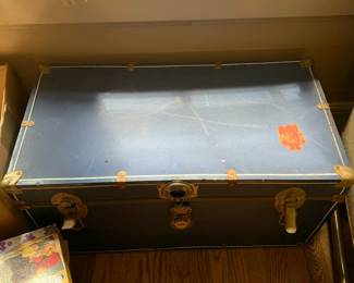 #036	Blue Metal Trunk w/ brass fittings - 30x15x16  - no tray	 $20.00 			