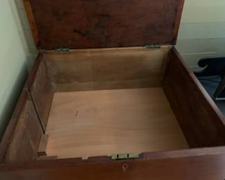 #032	Wood Chest  w/lift-up Top with storage and 2 drawers - comes apart into 2 pieces - (as is crack on top)  24x21x38	 $175.00 			