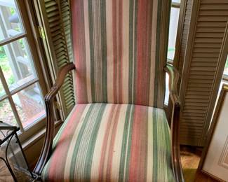 #055	Upholstered Red/Green/Cream Wood Arm Side Chair	 $75.00 			
