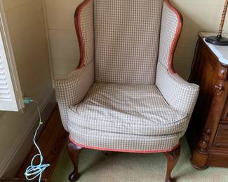 #145	Green Plaid Wingback Chair w/Coral Fabric on Back and Bottom Trim - with Feather Cushionb	 $75.00 			