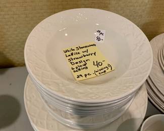 #099	White Stoneware Lattice w/strawberry Design - 6 place Settings (29 pc missing cup)	 $40.00 			 #100	White Stoneware Lattice w/strawberry Design - 6 place Settings (29 pc missing cup)	 $40.00 						