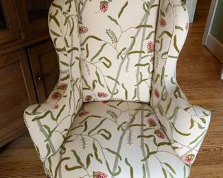 #008	cream embrodEry front wing back chair green velvet back 	 $185.00 			