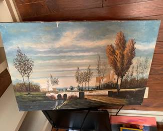 #172	Original Acrylic Painting  signed of Canal and bridge on Canvas - 26x25	 $75.00 			