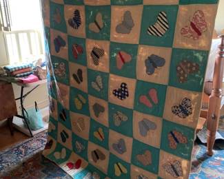 #179	Butterfly Applique Hand Quilted Quilt - as is stains - 80x72	 $65.00 			