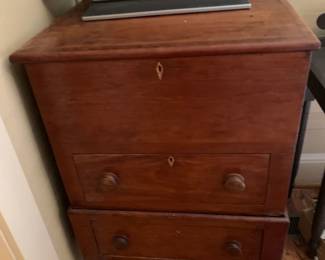 #032	Wood Chest  w/lift-up Top with storage and 2 drawers - comes apart into 2 pieces - (as is crack on top)  24x21x38	 $175.00 			