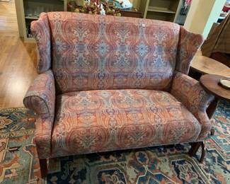 #056	Loveseat Blue/Burgandy (as is slit on seat) w/wood legs - 58" Long	 $30.00 			