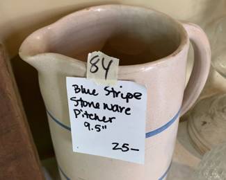 #084	Blue Stripe Stoneware Pitcher = 9.5"	 $25.00 			