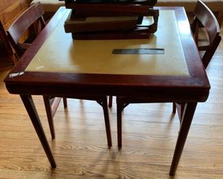 #009	antique folding table and 4 wood folding chairs 32 square  table x28 tall	 $50.00 			
