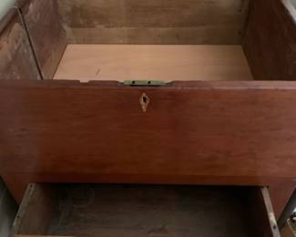 #032	Wood Chest  w/lift-up Top with storage and 2 drawers - comes apart into 2 pieces - (as is crack on top)  24x21x38	 $175.00 			