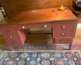 #161	Wood Red Painted Desk w/6  Drawers - 59x30x30 - Upstairs you move downstairs	 $75.00 			