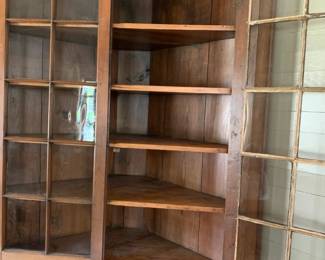 #020	Wood Corner Cabinet w/Bubble Glass Front - Primitive Hand-made w/4 wood shelves and 2 wood Doors - 59Wx30Dx8'tall	 $1,200.00 			