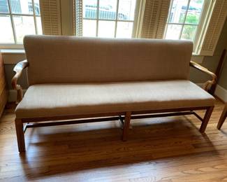 #005	wood arm sofa tan 82 long 	 $275.00 			