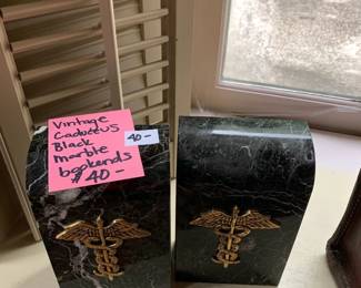 #165	Vintage Cadueeus Black Marble Bookends 	 $40.00 			