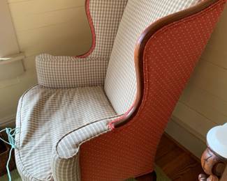#145	Green Plaid Wingback Chair w/Coral Fabric on Back and Bottom Trim - with Feather Cushionb	 $75.00 			