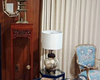 MCM stacking tables. Rosewood plant stand, brass pagoda lamp