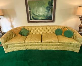 $1,600 - Mid-Century Hollywood Regency Style Curved Yellow Sofa with Tufted Damask Upholstery