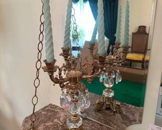 $97.00 - Pair of Vintage Hollywood Regency 5-Arm Candelabras with Crystal Prisms