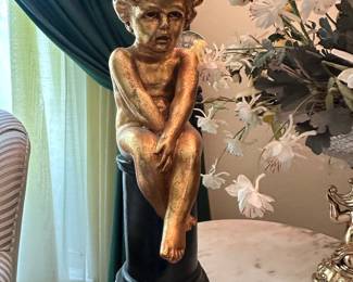 $38.00 - Vintage Gold Tone Cherub Child Statue on Black Pedestal
