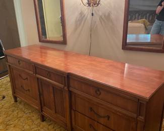 $387.00 - Vintage Cherry Triple Dresser with Matching Mirrors & Tambour Door Storage