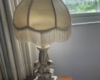 $175.00 - Pair of Vintage Cherub Table Lamp with Fringe Shade Hollywood Regency Victorian Style