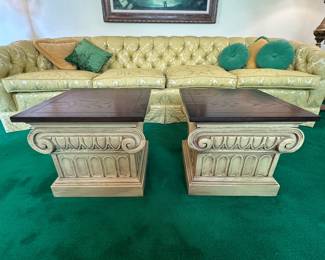 $225.00 For Pair- Vintage Drexel Furniture Guildhall Collection Low Pedestal Side Tables with Dark Wood Tops