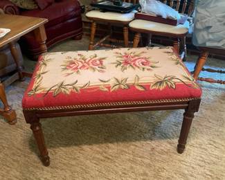 $125.00 - Vintage Floral Needlepoint Bench with Wood Frame & Nailhead Trim