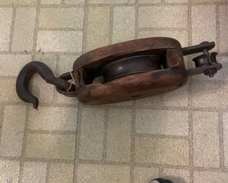 $35.00 - Large Nautical Wooden Pulley Block with Cast Iron Hook Maritime Ship Decor