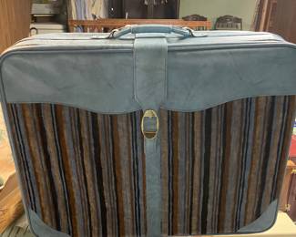 $35.00 - Mid Century Blue Vinyl Suitcase Striped Velour Retro Luggage