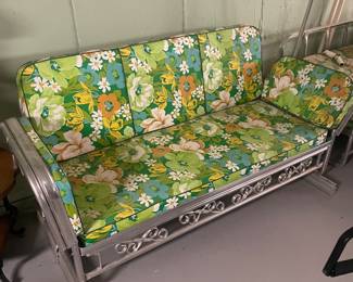 $1495.00/6 Piece Set - Mid Century Patio Furniture Set Floral Cushions -Sofa, Glider, Chair, Chaise Lounge, Green & White Umbrella and Round Table