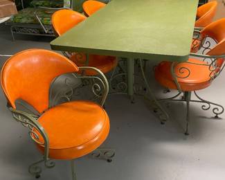 $675.00 - MCM Hollywood Regency Dinette Set, Retro Avocado/Orange, Table with 6 Swivel Chairs