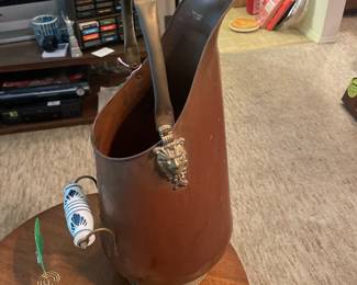 $55.00 - Vintage Copper Coal Hod/Scuttle with Porcelain Handles & Lion Head Mounts