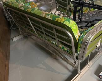 $1495.00/6 Piece Set - Mid Century Patio Furniture Set Floral Cushions -Sofa, Glider, Chair, Chaise Lounge, Green & White Umbrella and Round Table