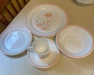$63.00 - Vintage Corelle Peach Blossom 53-Piece Dinnerware Set, Service for 8-12, Made in the USA