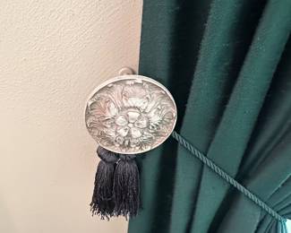 $85.00 - Complete Window Treatment: Hunter Green Drapes, Matching Scalloped Fringe Valance, and Sheer Under-Curtains (Total of 4 Available)