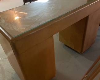 $175.00 - Vintage Waterfall Executive Desk with Glass Top, 4 Curved Drawers