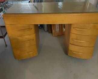 $175.00 - Vintage Waterfall Executive Desk with Glass Top, 4 Curved Drawers
