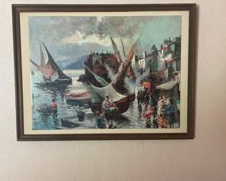 $45.00 - Mid Century Mediterranean Harbor Lithograph Wall Art