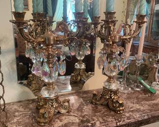 $97.00 - Pair of Vintage Hollywood Regency 5-Arm Candelabras with Crystal Prisms