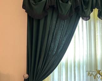 $85.00 - Complete Window Treatment: Hunter Green Drapes, Matching Scalloped Fringe Valance, and Sheer Under-Curtains