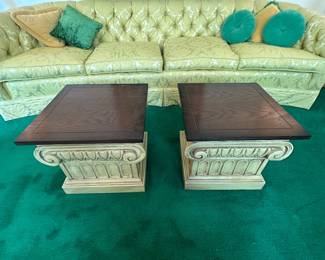 $225.00 For Pair- Vintage Drexel Furniture Guildhall Collection Low Pedestal Side Tables with Dark Wood Tops