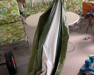 $1495.00/6 Piece Set - Mid Century Patio Furniture Set Floral Cushions -Sofa, Glider, Chair, Chaise Lounge, Green & White Umbrella and Round Table
