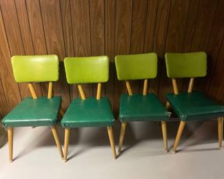 $265.00/4 Chair Set - Mid-Century Modern Dining Chairs with Original Green Vinyl -One Chair has a tear