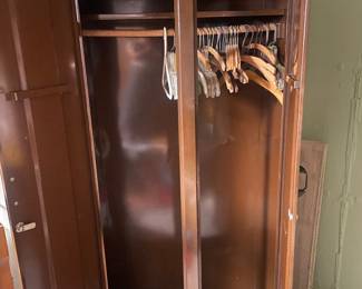 $165.00 - Mid-Century Industrial Steel Wardrobe Cabinet Faux Wood Grain Double Door