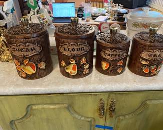 $97.00 - 1970s Rustic Faux Woodgrain Ceramic Canister Set of 4
