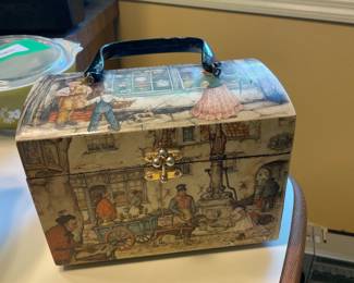 $38.00 - Vintage Anton Pieck Decoupage Box Purse Lucite Handle Dutch Village Scene Handbag