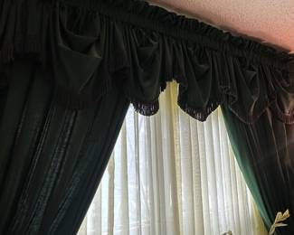 $85.00 - Complete Window Treatment: Hunter Green Drapes, Matching Scalloped Fringe Valance, and Sheer Under-Curtains