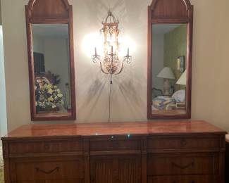 $397.00 -Vintage Large Cherry Triple Dresser with Matching Mirrors & Tambour Door Storage