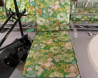 $1495.00/6 Piece Set - Mid Century Patio Furniture Set Floral Cushions -Sofa, Glider, Chair, Chaise Lounge, Green & White Umbrella and Round Table